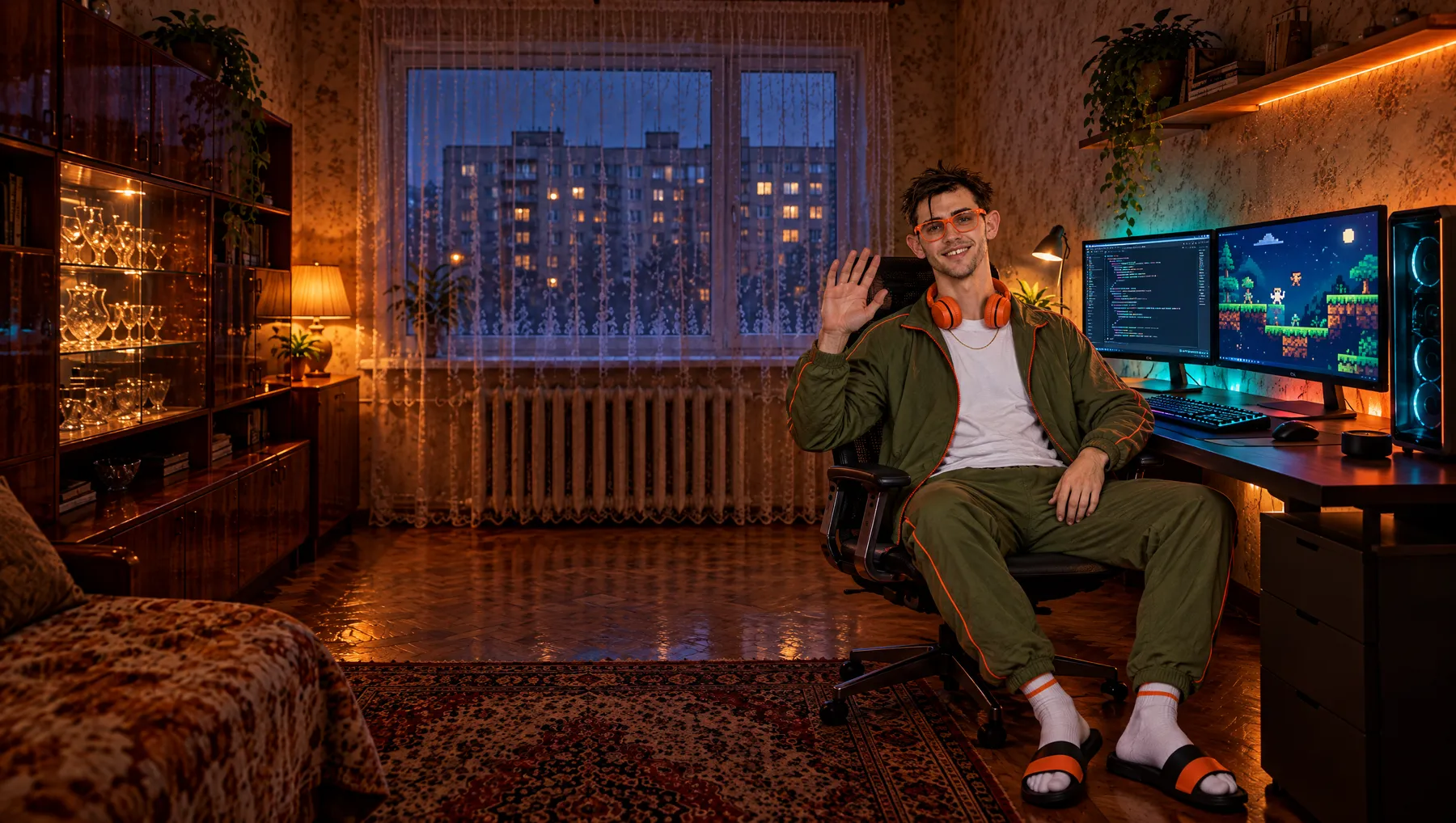 Gary waving from his desk in a panel flat at night, two monitors with code and a pixel-art game.